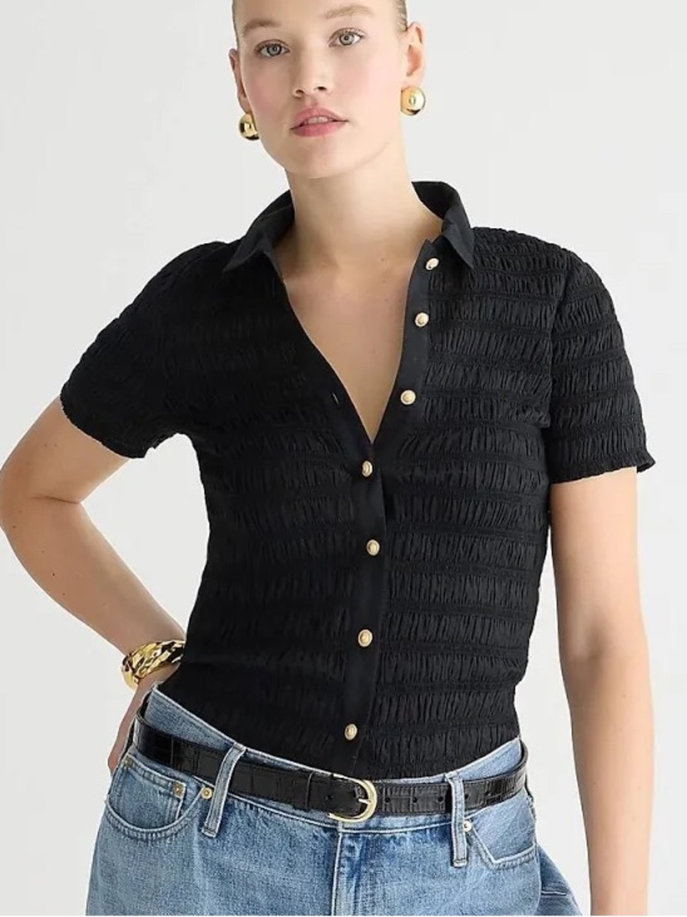 J. Crew Smocked Button Up Shirt Cotton Voile Black